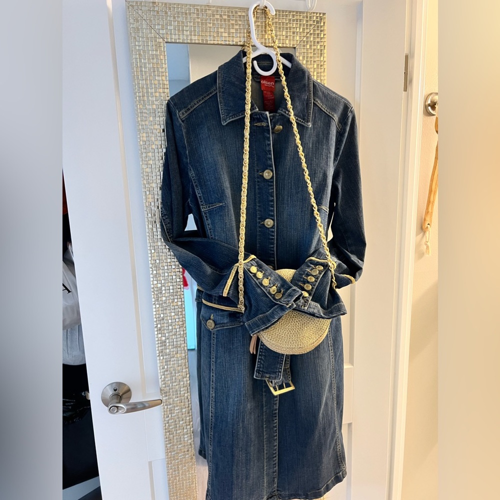 OLSEN EUROPE BLUE AND GOLD DENIM TRENCH COAT… SIZE 38… NEW WITH TAGS. - Picture 3 of 16